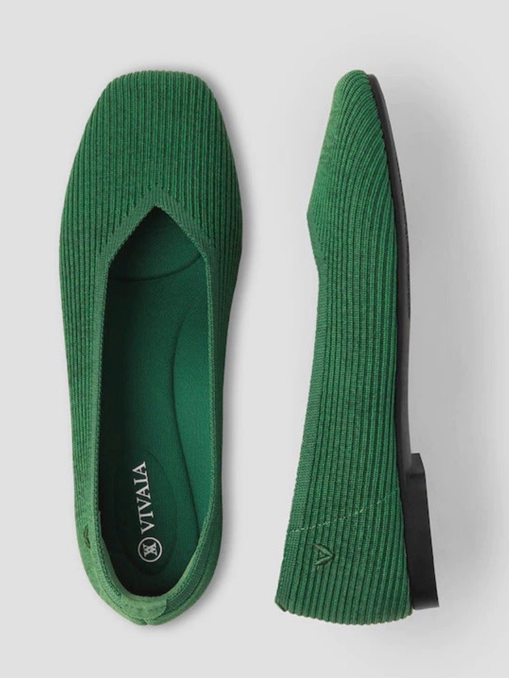Vivaia Green Ribbed Knit Square-Toe Ballet Flat